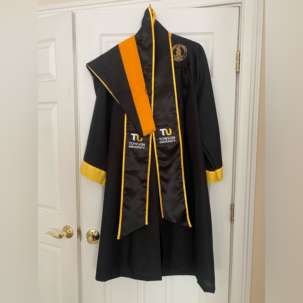 Towson University Masters graduation gown, cap, sash and hood